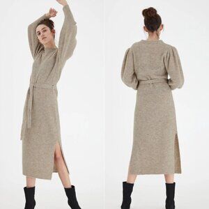 New! ICHI Jordan Oatmeal Melange Puff Sleeve Midi Sweater Dress NWT 35616